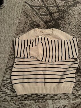 Cream and Black Striped Crewneck Sweater - Men's
